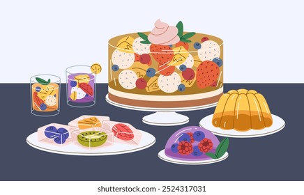 Jelly desserts, jello snacks with different fruit and berry flavors. Sweet gelatin treats, cold gel confectionery, refreshing fruity food, served on table, plates, dishes. Flat vector illustration