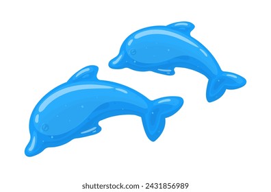 Jelly dolphins. Cartoon gummy dolphin shaped jelly candy, fruity chewy sweets in shape of underwater animal flat vector illustration. Cute gummy dolphins