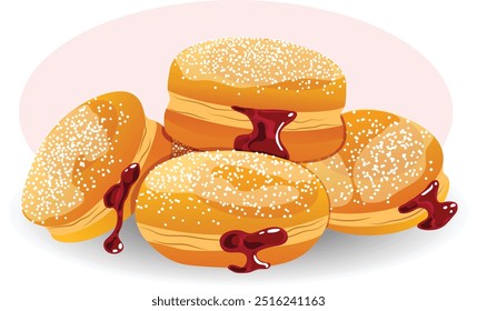 Jelly Doughnuts with Powdered Sugar Isolated. Germany Jam Donuts Vector Art 