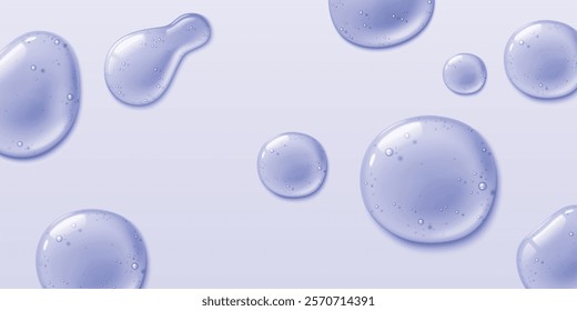 Jelly drops on blue background. Vector realistic illustration of transparent gel blobs on surface, cosmetic serum texture, collagen lotion swatch, skin beauty cosmetics, shampoo smear, peptide fluid