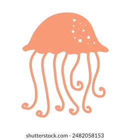 Jelly fish, aquatic sea Ocean animal with tentacles. Ocean water jellyfish swimming. Peach Abstract simple marine underwater medusa. Flat graphic vector illustration isolated on white background