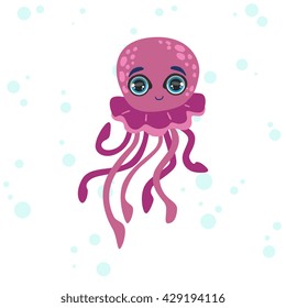 Jelly Fish Bright Color Cartoon Style Vector Illustration Isolated On White Background