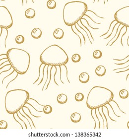 Jelly fish and bubbles, vector seamless pattern