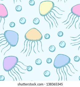 Jelly fish and bubbles, vector seamless pattern