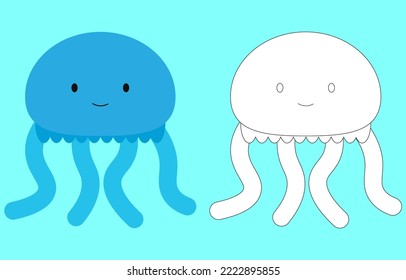 Jelly fish face cartoon character. Cute outline Jellyfish animal face coloring book for kids. Vector illustration. Outline icon Jellyfish head. Cartoon face logo.