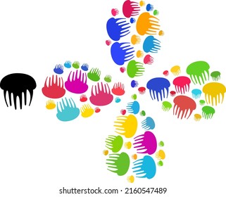 Jelly fish icon multicolored exploding flower with four petals shape. Object flower with four petals composed from random jelly fish items. Vector flower icon collage in flat style.