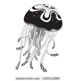 A Jelly fish made by hand drawn with black pen. It's has pattern on it's body and legs.