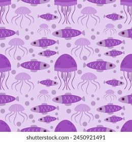 Jalea Pescado y pescado en color púrpura ilustración de Vector sin patrón.Ideal para textil, tela, papel de embalaje, y cualquier print.Vintages estilo.