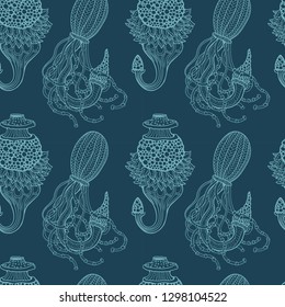 Jelly fish seamless pattern. Dark background