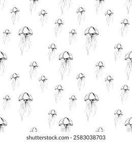 jelly fish seamless pattern, repeat editable black and whit hand drawn illustration fashio textile interior design wallpaper abstract artwork sea life patterns background new graphic watercolor art