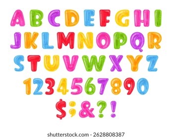 Jelly font. Chewy gummy abc letters and numbers, sweet jelly alphabet flat vector illustration set. Cartoon marmalade alphabet