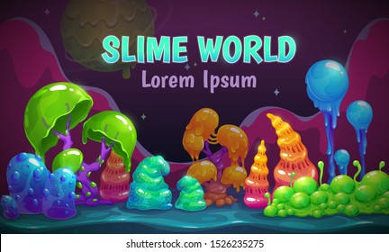 Jelly forest concept. Magic slime world. Fantasy landscape with coloful slimy plants and hills. Alien planet nature illustration.