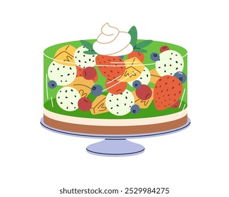 Pastel de jalea de frutas en un plato. Dulce postre de gelatina y bayas. Deliciosa comida fría sabrosa, bocadillo de gel, confitería. Ilustración vectorial plana coloreada aislada sobre fondo blanco