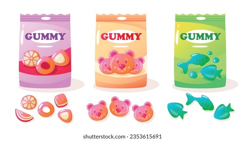 Jelly gum pack. Cartoon colorful sweet gummy bears, various assortment of colorful sweet fruit snack for kids. Vector colorful set. Soft sugar marmalade, multicolored desserts isolated on white