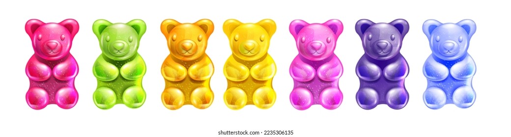 Jelly gummy bear set, vector colored cartoon kids candy, cute cherry baby gum kit, fruit dessert. Edible animal confectionery, orange taste, funny children sweets. Colorful jelly bear collection