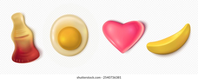 Jelly gummy candy in form of cola soda bottle, fried egg, pink heart and yellow banana. Realistic 3d vector illustration set of sweet soft gum confectionery. Marmalade dessert with different taste.