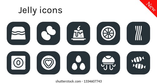 jelly icon set. 10 filled jelly icons.  Collection Of - Candy, Jelly beans, Creme caramel, Liquorice, Candies, Jellyfish