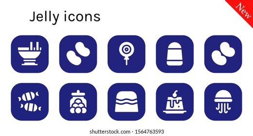 jelly icon set. 10 filled jelly icons.  Collection Of - Custard, Candy, Jelly beans, Candy jar, Creme caramel, Jellyfish icons