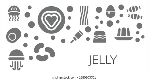 jelly icon set. 11 filled jelly icons. Included Jellyfish, Candy, Gummy, Liquorice, Jelly beans, icons