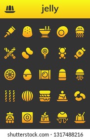 jelly icon set. 26 filled jelly icons.  Collection Of - Candy, Jelly, Gumdrop, Custard, Gummy, Jellyfish, Liquorice, Gummy bear, Scone, Creme caramel, beans, Candy jar