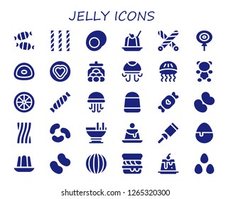  jelly icon set. 30 filled jelly icons. Simple modern icons about  - Candy, Gummy, Jelly, Liquorice, Candy jar, Jellyfish, Gummy bear, Jelly beans, Custard, Creme caramel, Scone