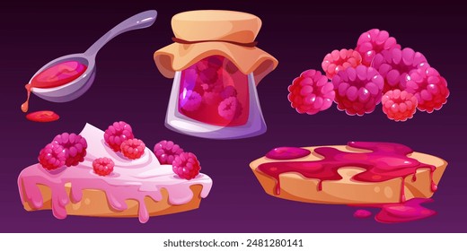 Jelly jam on bread. Raspberry toast cartoon vector. Isolated icon with marmalade sauce on spoon. Berry dessert in jar for sweet breakfast or snack.