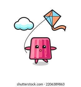 jelly mascot illustration is playing kite , cute design