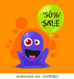 Jelly Monster Sale Promotion Balloon Shopping Discount Banner Alien Character Flat Vector Illustration