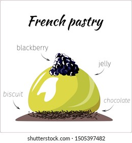 Jelly on a white background. Lemon blackberry cake for design, print, posters, banners, cards, menu. Vector illustration