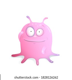 Jelly pink cute little blob monster with tentacles, smiling and happy imaginary creature character design. Vector 3d cartoon for kids.