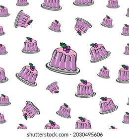 jelly pudding with berry fruit topping illustration on white background. seamless pattern, hand drawn vector. purple color, blueberry flavor. doodle art for wallpaper, wrapping paper, and gift, fabric