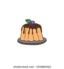 jelly pudding with chocolate syrup topping and blueberry on the plate. sweet dessert icon on white background. hand drawn vector. doodle art for kids, logo, label, sticker, clipart, advertising. 