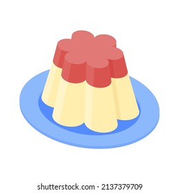 Icono isométrico del pudín de gelatina. Ilustración vectorial dibujada a mano aislada en blanco. Diseño de color plano.