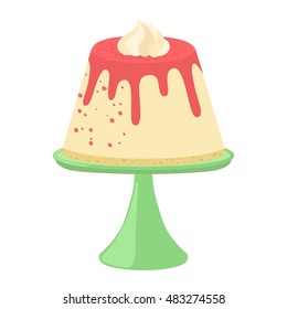Jelly pudding on plate in flat style and whipped cream. Cartoon style.