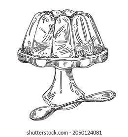 Jelly pudding on a plate. Sketch. ENgraving style. Vector illustration.