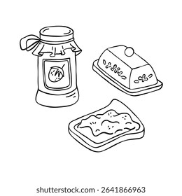 Jelly sendwich, strawberry jam jar, butter dish hand-drawn vector illustration. Minimalist drawing isolated on white background.