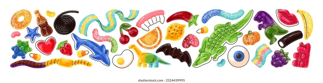 Jelly set. Gelatin candies with different shapes: heart, worm, bear, egg, eye, teeth. Cute soft sweets, gummy dessert, tasty fruit food for kids. Flat isolated vector illustration on white background