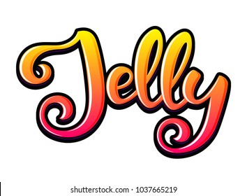 Jelly. Vector hand lettering word in bright gradient color isolated on white background. Shiny and light word «Jelly» with black outline. Concept for logo, card, typography, poster, print. 