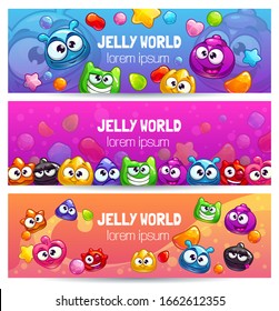 Jelly world banners. Cute colorful templates with jellies , candies and funny glossy monsters.