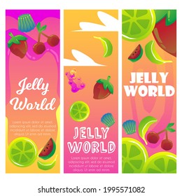 Jelly Welt bunte Banner oder Plakatvorlagen. Süße Marmelade und Gelee-Bonbons verschiedener Formen auf Farbverlauf-Hintergrund, flache Vektorgrafik.