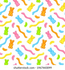  jelly worms and beans sweet candy seamless pattern with amazing flavor flat style design vector illustration. Bright colorful jelly delicious sweets isolated on white background.