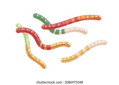 Jelly worms candies. Sweet and sour gummy snakes. Assorted fruit gums composition. Funny gelatin dessert for kids. Yummy Halloween confectionery. Flat vector illustration isolated on white background