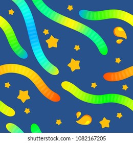 Jelly worms cartoon seamless pattern with stars and drops. Colorful elements. Vector illustration. Design for kids