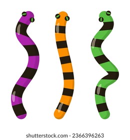 Jelly worms vector isolated. Illustration of sweet dessert for Halloween party. Gummy worm. Tasty snack, purple, orange and green color.