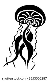 Águas-vivas. Desenho abstrato, silhueta, preto sobre um fundo branco.