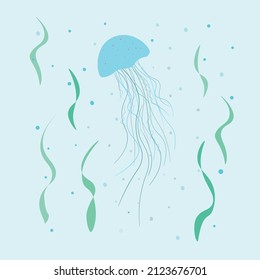 Jellyfish and algae. Vector image jellyfish on blue background.