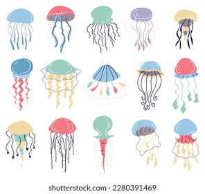 Jellyfish animal fish jelly ocean doodle outline isolated set. Vector graphic design element illustration
