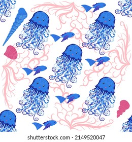Jellyfish animals bright seamless patterns. Seamless pattern with detailed jellyfish. cute hand drawn fishes and jellyfishes in doodle style. Trendy nursery background.
