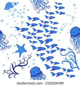Jellyfish animals bright seamless patterns. Seamless pattern with detailed jellyfish. cute hand drawn fishes and jellyfishes in doodle style. Trendy nursery background.