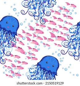 Jellyfish animals bright seamless patterns. Seamless pattern with detailed jellyfish. cute hand drawn fishes and jellyfishes in doodle style. Trendy nursery background.